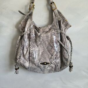Elliott Lucca Snakeprint Shoulder Bag 15 x 13 Side Tassels B/W Exotic Leather
